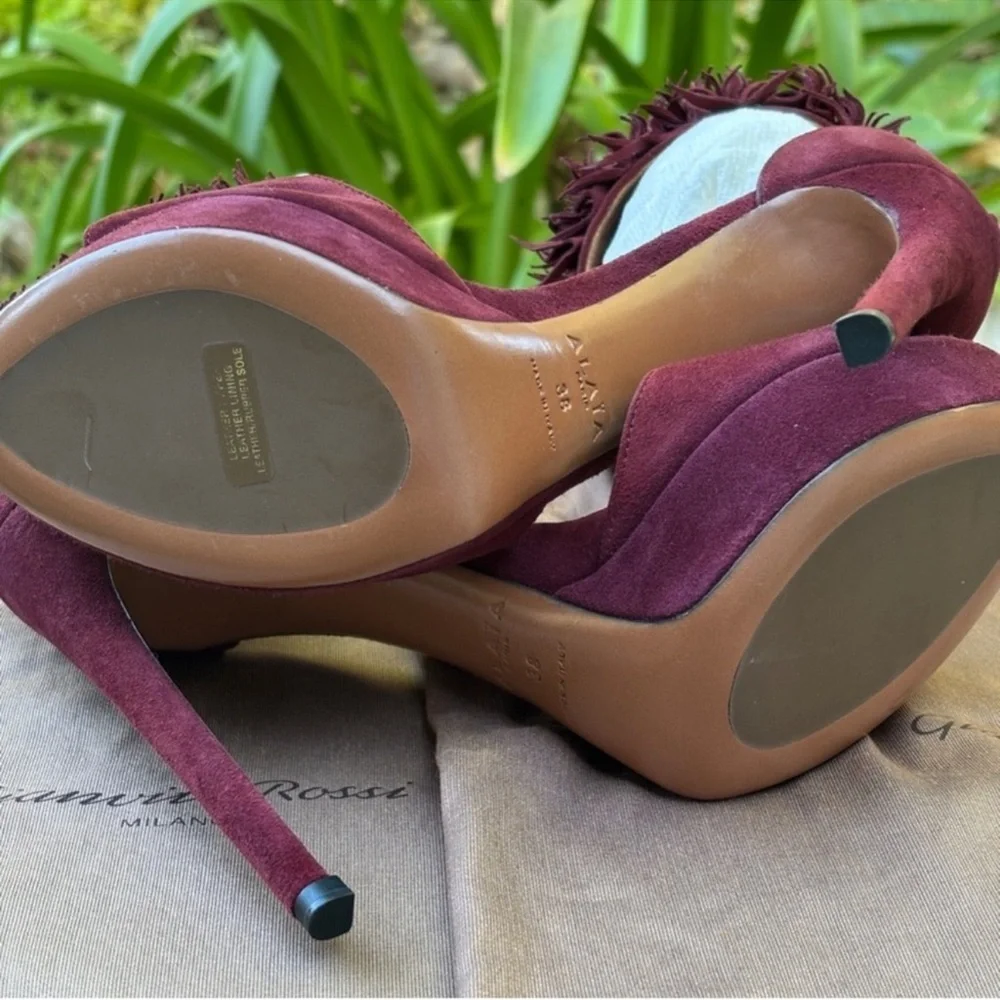 NWOT Alaia burgundy fringe cuff suede sandals platform heels ankle straps - Picture 2 of 9